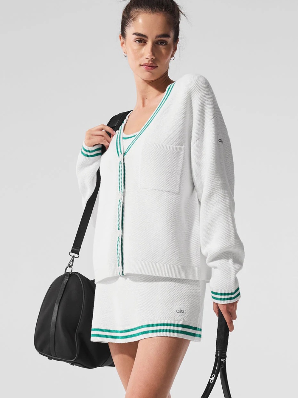 ALO Yoga White V-Neck Cardigan with Green Trim - Women's Sweater. S NWOT
